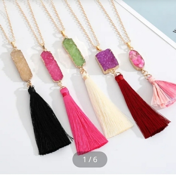 Pink Tassel Necklace Pink Simulated Druzy Quartz Gold Chain - Picture 7 of 9